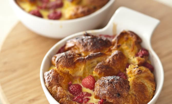 Raspberry and white chocolate scone and butter pudding