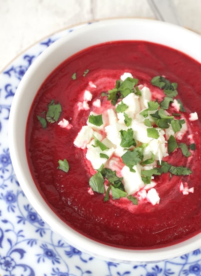 Beetroot soup with feta and sourdough croutons